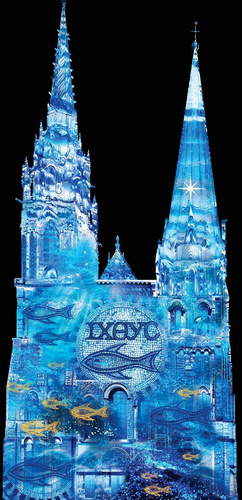Prévisualisation de la scénographie "Bleu" - portail royal de la cathédrale Prévisualisation de la scénographie "Bleu" - portail royal de la cathédrale